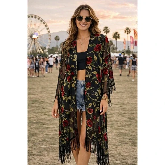 Sheer Velvet Burnout Floral Fringe Kimono Duster Black Whimsigoth Festival - Picture 1 of 6